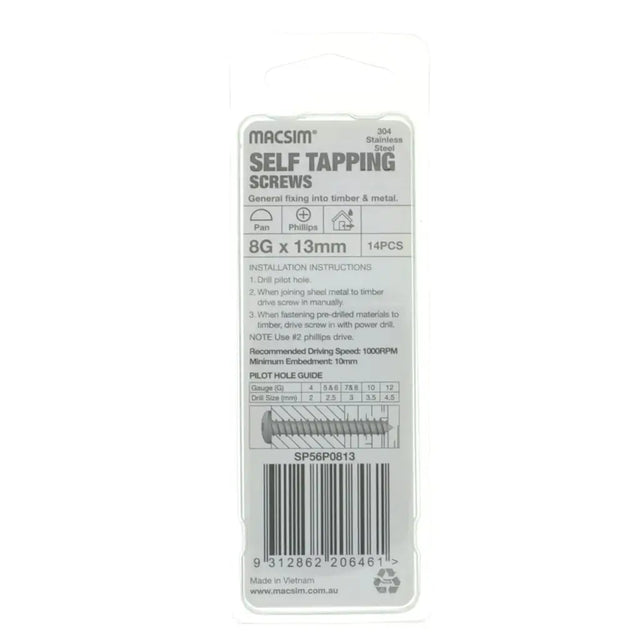 Packaging of Macsim self-tapping screws on a white background