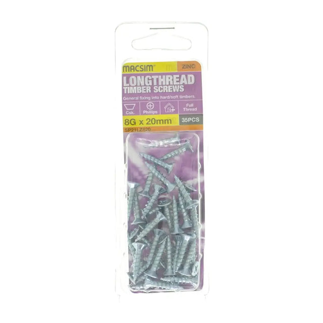 Pack of Macsim longthread timber screws on a white background
