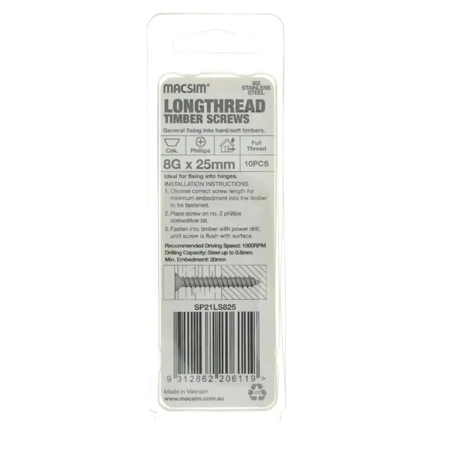Packaging of Macsim longthread timber screws on a white background