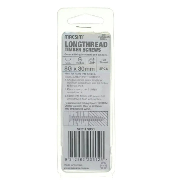 Packaging of Macsim longthread timber screws on a white background