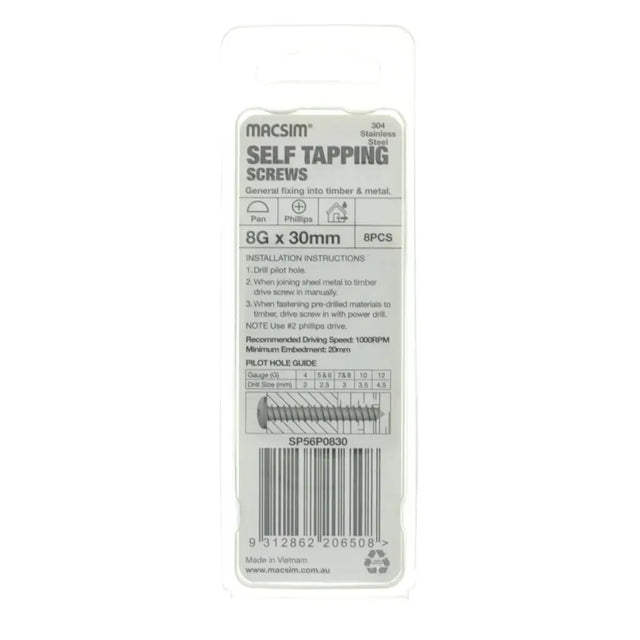 Packaging of Macsim self-tapping screws with specifications on a white background
