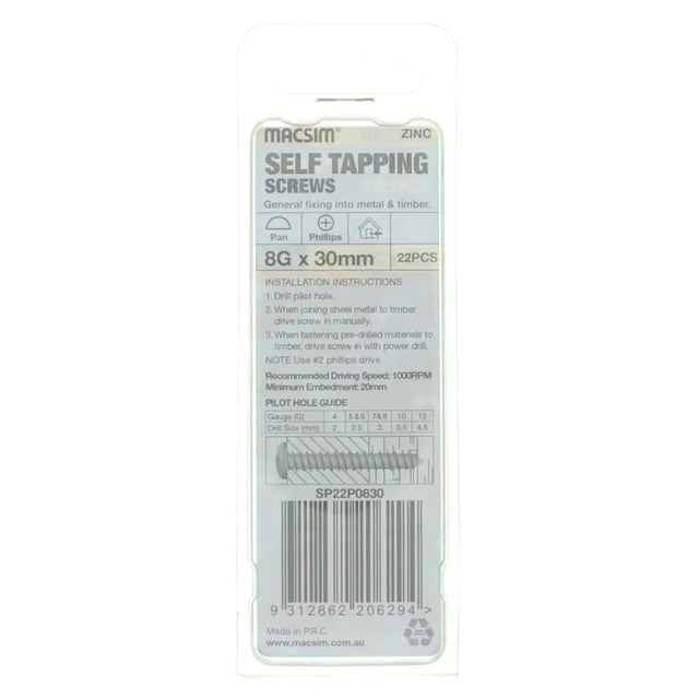 Packaging of Macsim self-tapping screws on a white background