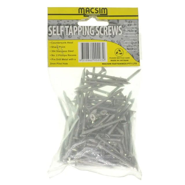 Bag of self-tapping screws with a clear plastic cover on a white background