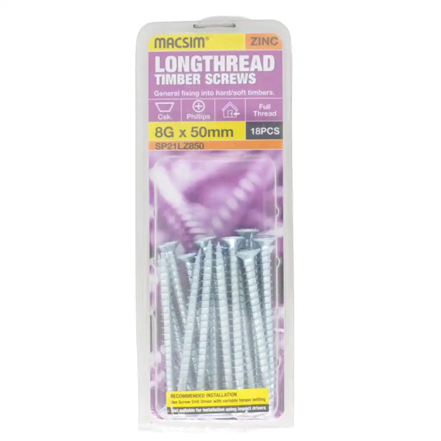 Macsim 8G x 50mm Longthread Countersunk Timber Screws Zinc Plated 18Pcs
