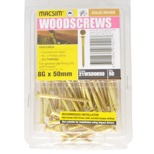 A clear plastic package of Macsim solid brass wood screws, 8G x 50mm, containing 50 pieces. The packaging features a yellow and pink label with product details and a barcode, showing the brass-colored screws inside.