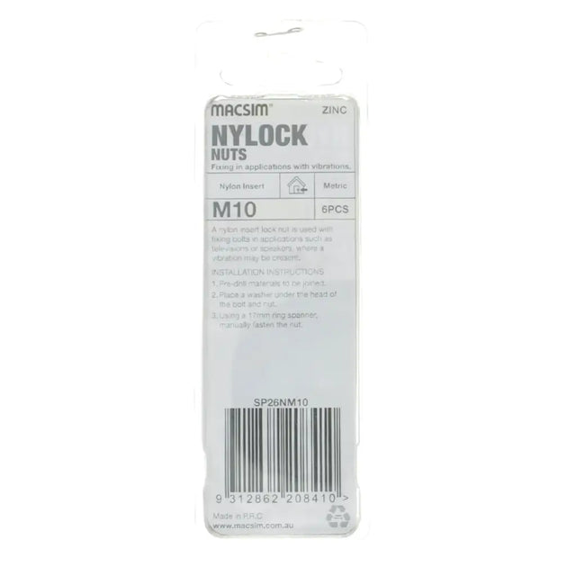 Packaging of Macsim Nylock nuts with label and barcode on a white background