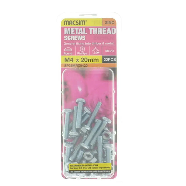 Pack of metal thread screws with packaging on a white background