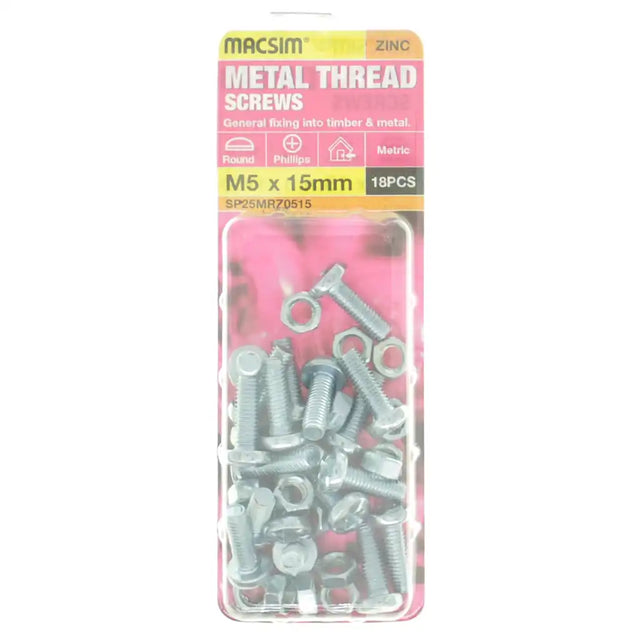 Pack of metal screws with packaging labeled 'Macsim' on a white background