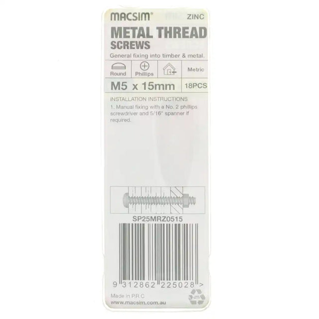 Pack of metal thread screws with MACSIM branding on a white background