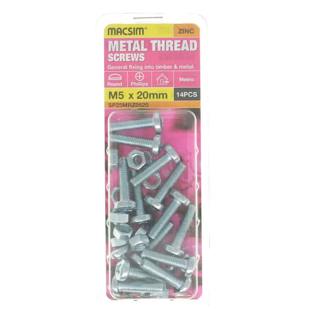 Pack of Macsim metal thread screws with packaging on a white background