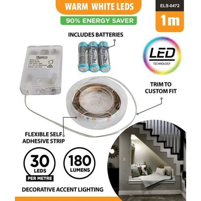 LED strip light package with batteries, adhesive strip, and decorative application on stairs.