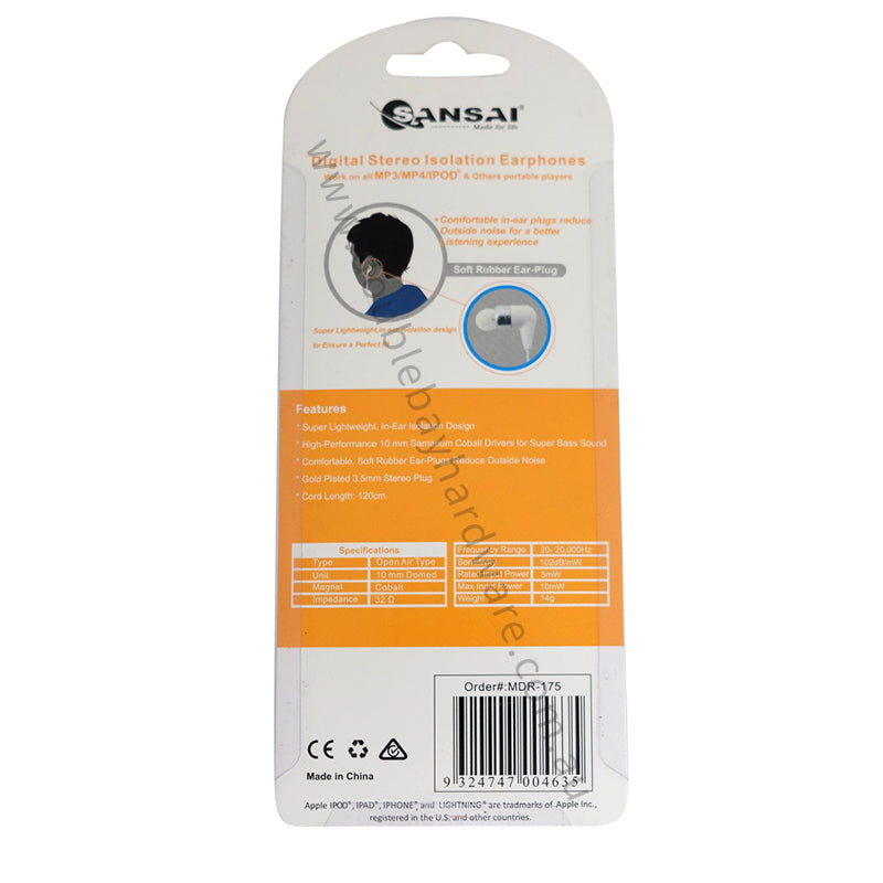 SANSAI In Ear Super Bass MP3 Digital Earphone MDR-175