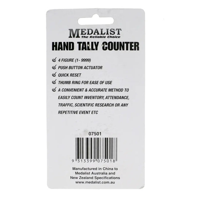 Back label of a Medalist hand tally counter with product details and specifications.