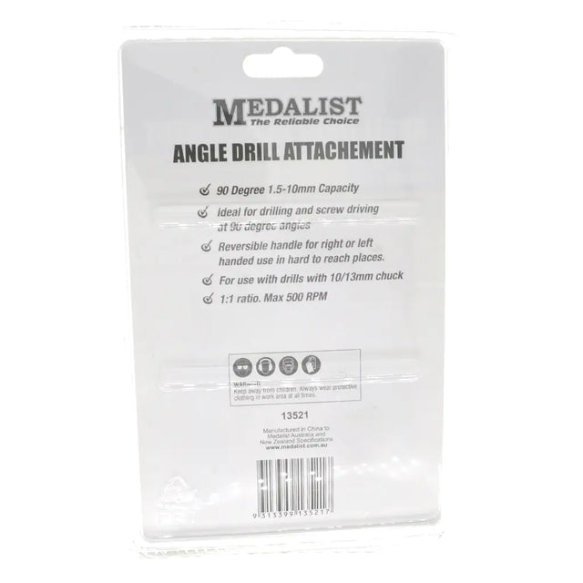 Medalist Angle Drill Attachment in its clear plastic retail packaging, showing product specifications and a barcode on a white background.