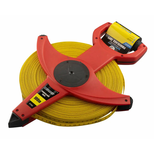 Red tape measure with yellow measuring tape on a white background