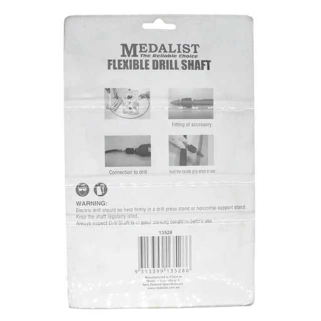 The back of a white retail package for a Medalist Flexible Drill Shaft, showing product name, small usage diagrams, a warning label, and a barcode.