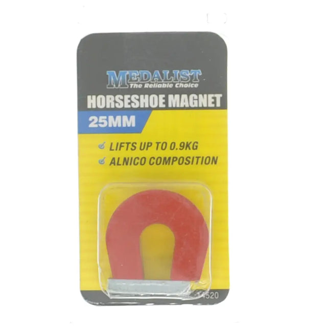 Horseshoe magnet in packaging with Medalist branding on a white background