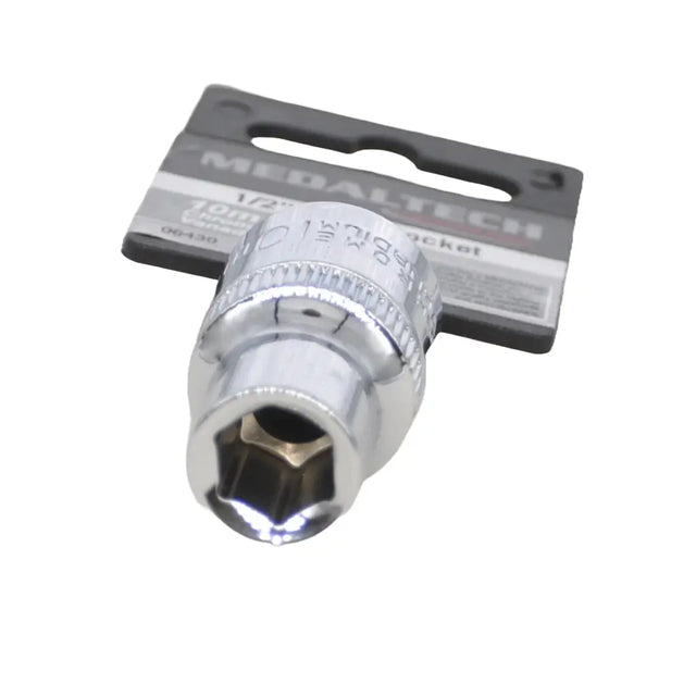 Metallic tool socket with packaging on a white background