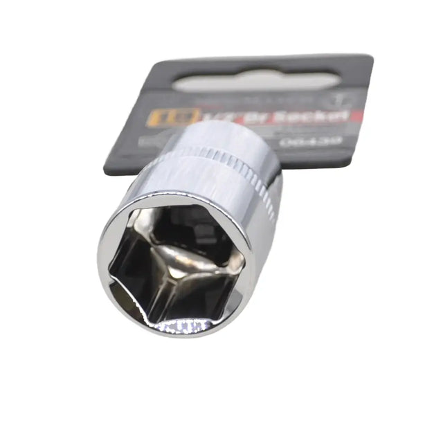 Metal socket tool with a brand card in the background on a white background