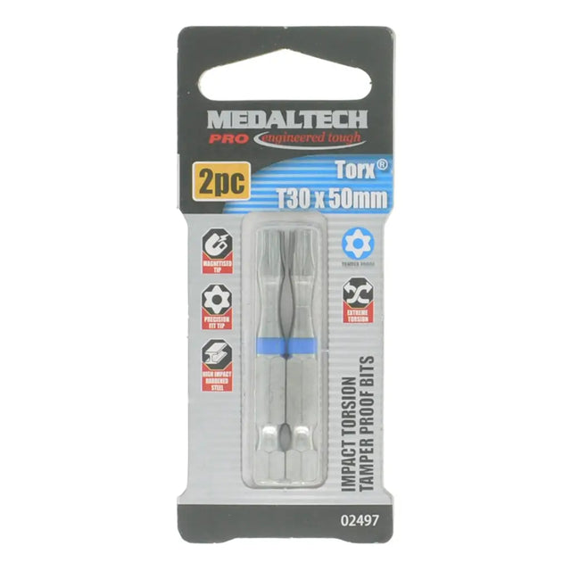 Medaltech Pro Torx T130 x 50mm impact torsion tamper proof bits in retail blister packaging, containing two silver metal bits.
