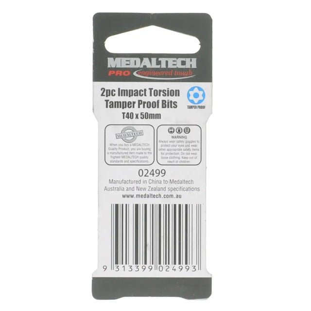 Medaltech Pro 2pc Impact Torsion Tamper Proof Bits T40 x 50mm in retail packaging, featuring a white and dark gray card with product details, a barcode, and a blue circular logo.