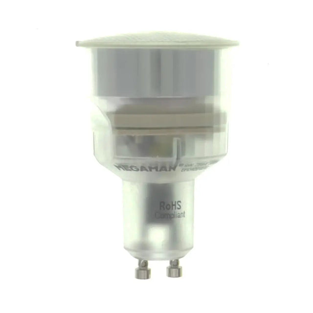 compact fluorescent light bulb with 'RoHS Compliant' label on a white background