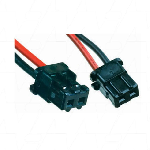 Two black electrical connectors with red and black wires on a white background