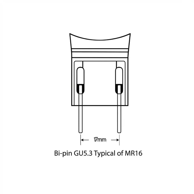Technical drawing of a Bi-pin GU5.3 light bulb socket on a white background