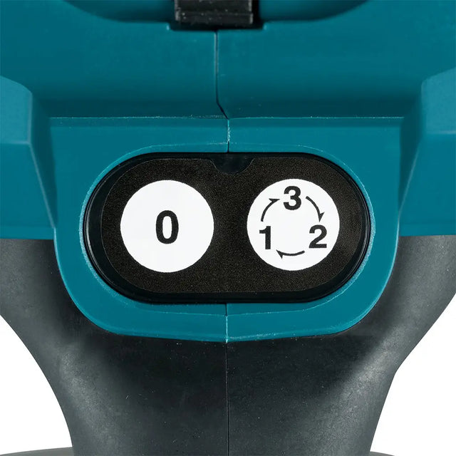 Close-up of a teal and black power tool control panel with two round buttons: one labeled 0 and the other showing a 3-1-2 sequence diagram.