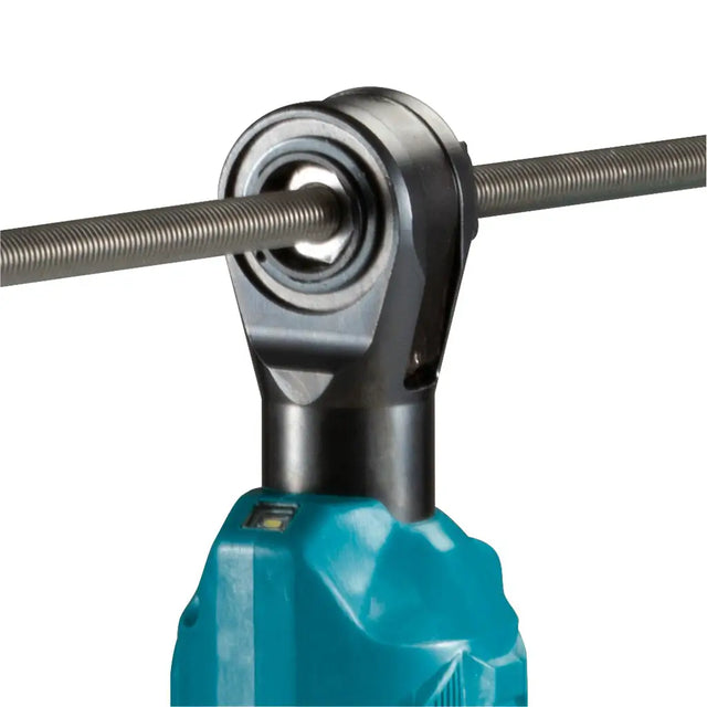 Close-up of a blue tool with a metal rod and bearing on a white background