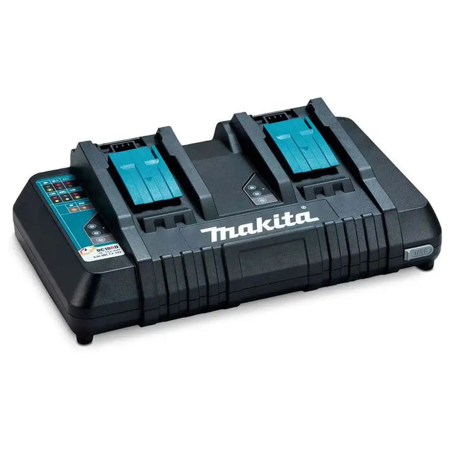 Makita dual battery charger with two teal battery slots on a white background.