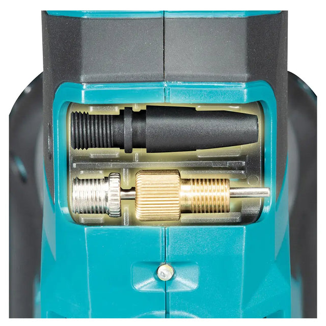 Close-up of a teal and dark gray tool body with a cutaway showing internal threaded components, including a black cone-shaped part and brass and silver metal fittings.