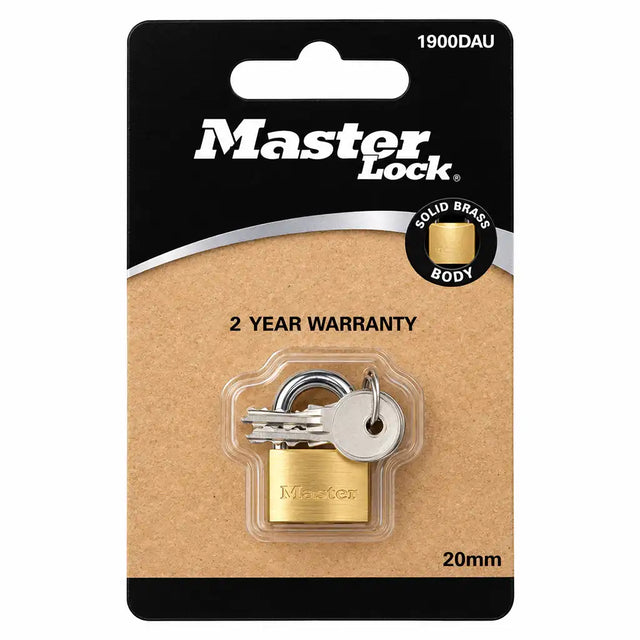 Master Lock 1900DAU 20mm brass padlock retail packaging showing solid brass body and two-year warranty