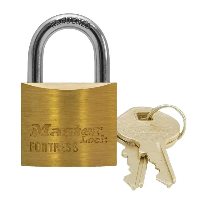 Gold Master Lock padlock with two keys on a white background