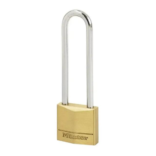 Gold padlock with a long shackle on a white background