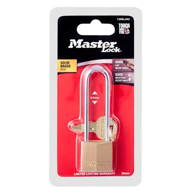 Master Lock brass padlock in packaging on a white background