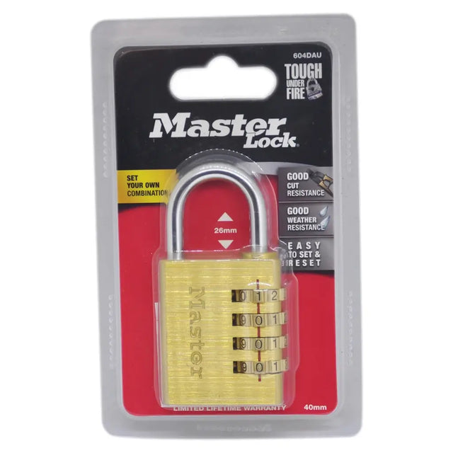 Gold combination lock in packaging with Master Lock branding