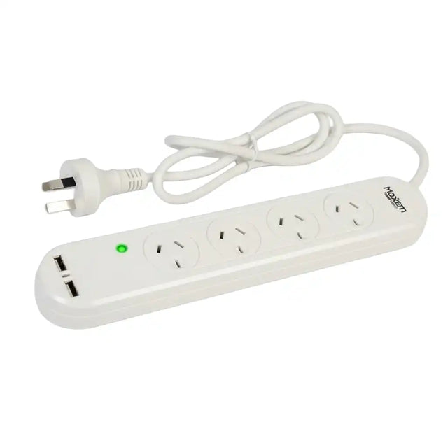 White power strip with multiple outlets and USB ports on a white background