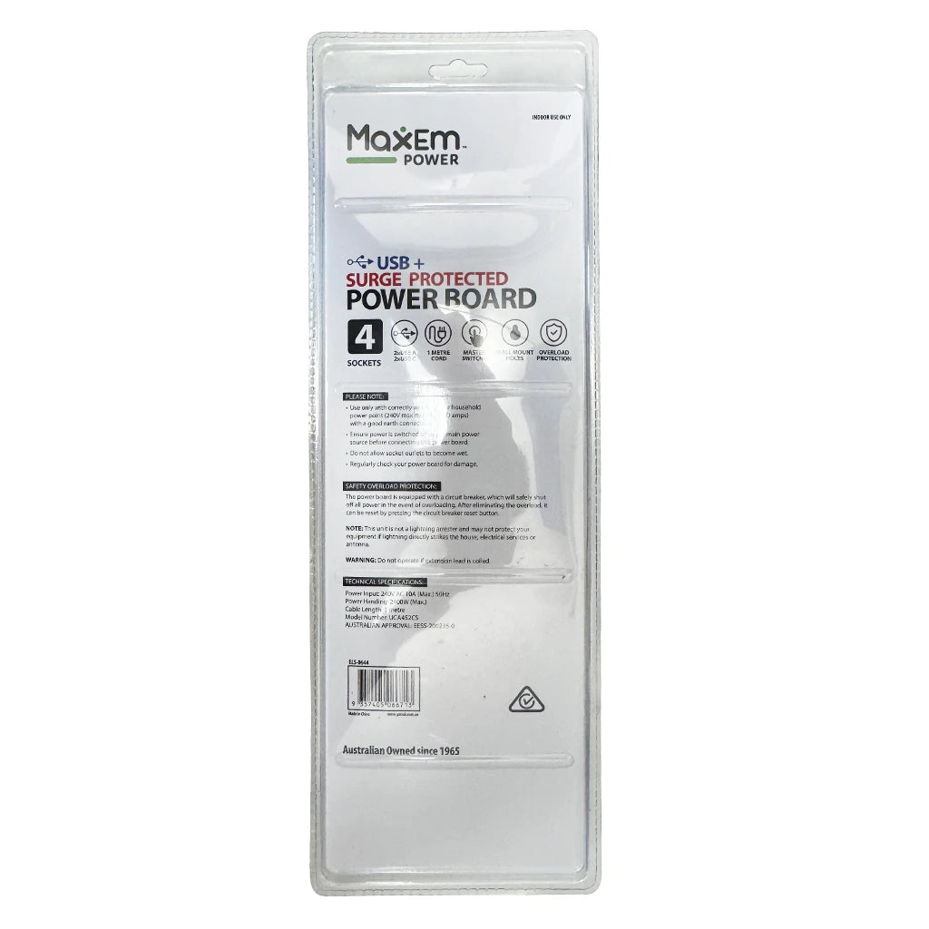 MaxEm 4 Sockets Powerboard With 2USB-A 2USB-C 1M ELS-0644