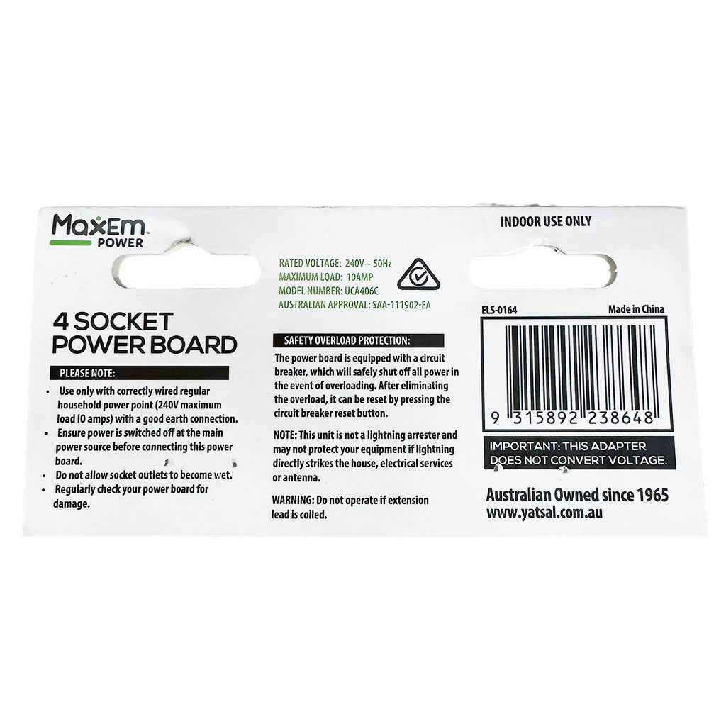 MaxEm 4 way Power Board 10A With Overload Protection White ELS-0164