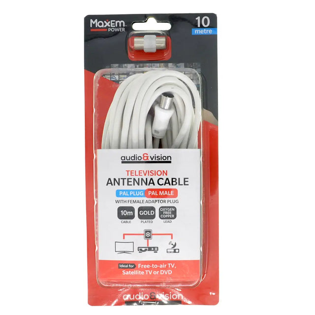 Packaged television antenna cable with MaxEm and audio&vision branding on a white background
