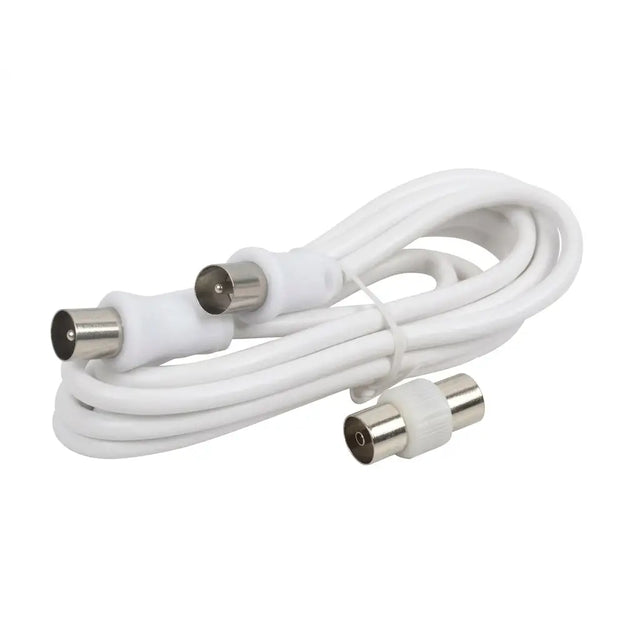 White cable with three metallic connectors on a white background