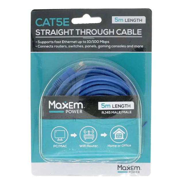 Maxem Power CAT5E cable packaging with blue cable inside on a white background