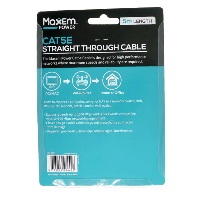 Maxem Power Cat5e straight through cable packaging on a white background