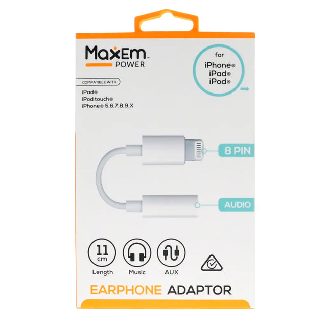 Maxem earphone adapter packaging with product illustration on a white background