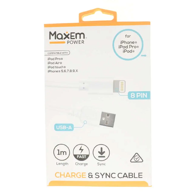 Maxem power cable packaging with USB-A and 8-pin connectors on a white background