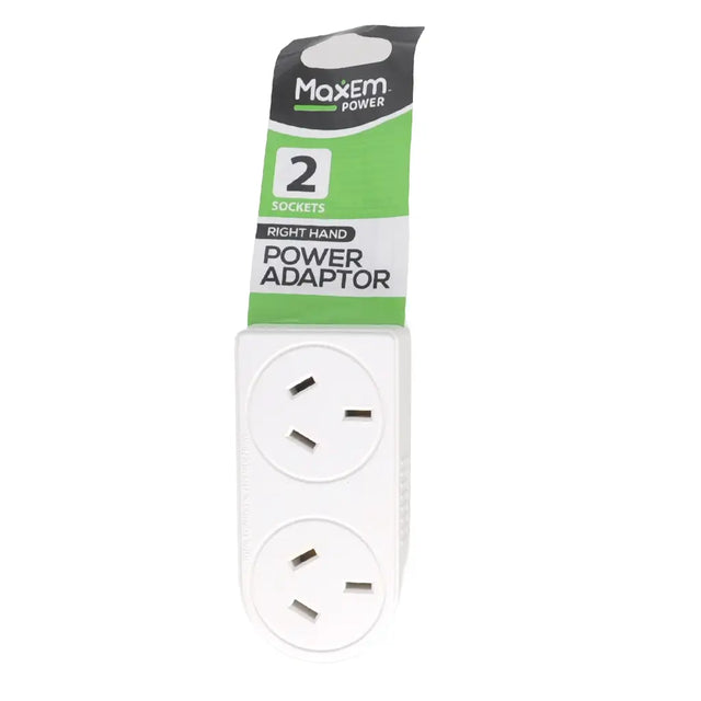 Maxem power adapter with two sockets on a white background