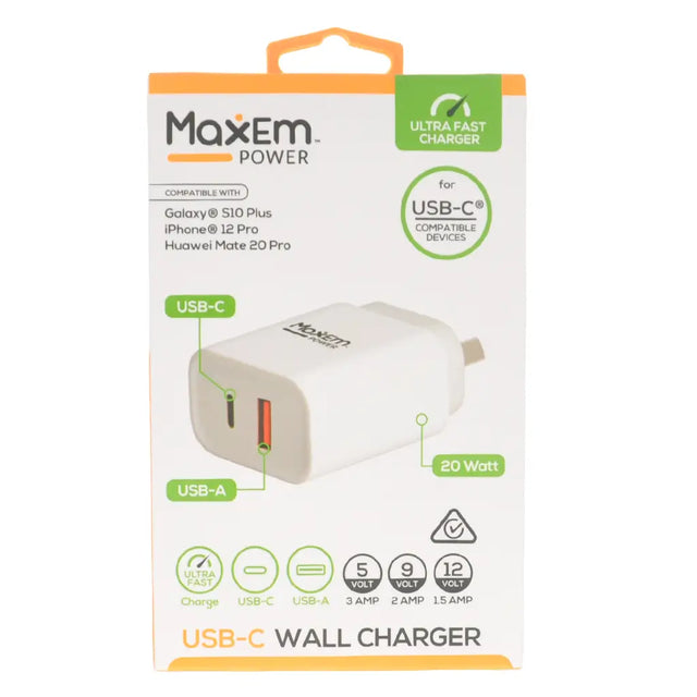 Maxem Power USB-C wall charger packaging on a white background