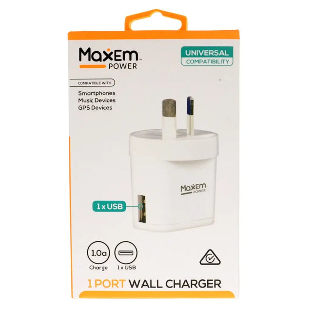 Maxem Power wall charger packaging with USB cable on a white background