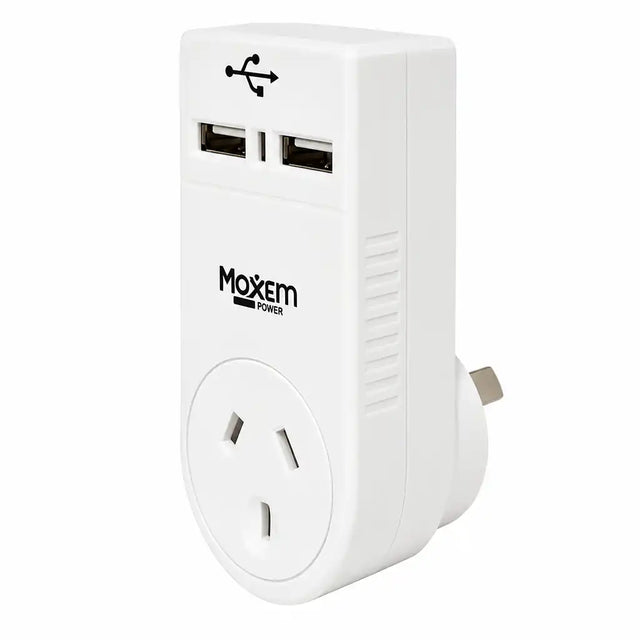 Maxem dual USB wall adaptor with 2 USB-A ports on top and pass-through Australian power socket